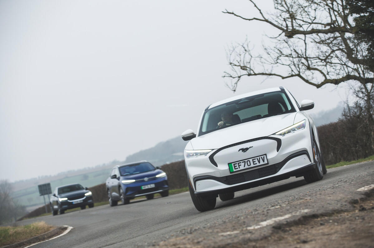 79 Mustang Mach e ID 4 Polestar 2 triple test 2021 triple corner 79 Mustang Mach e ID 4 Polestar 2 triple test 2021 triple corner