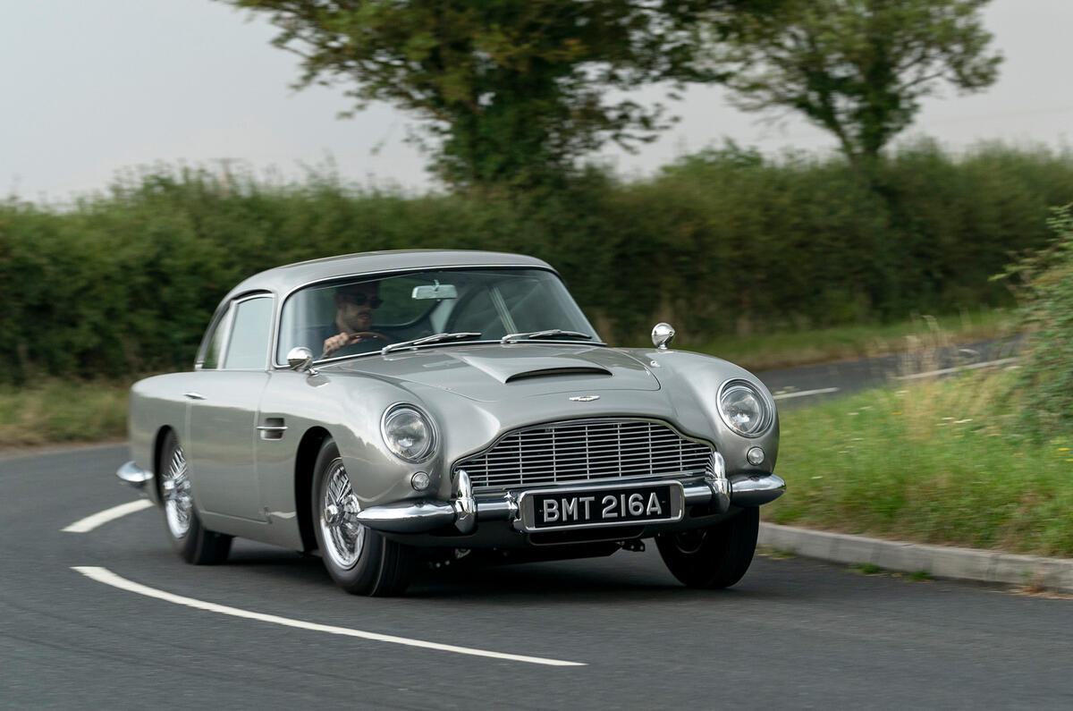 82 Aston Martin DB5 Goldfinger road test 2021 cornering front 82 Aston Martin DB5 Goldfinger road test 2021 cornering front