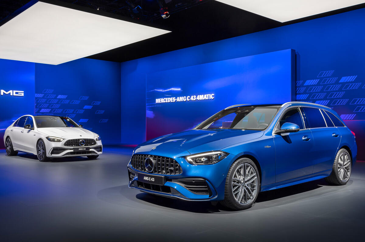 83 Mercedes AMG C43 estate 2022 official reveal studio pair
