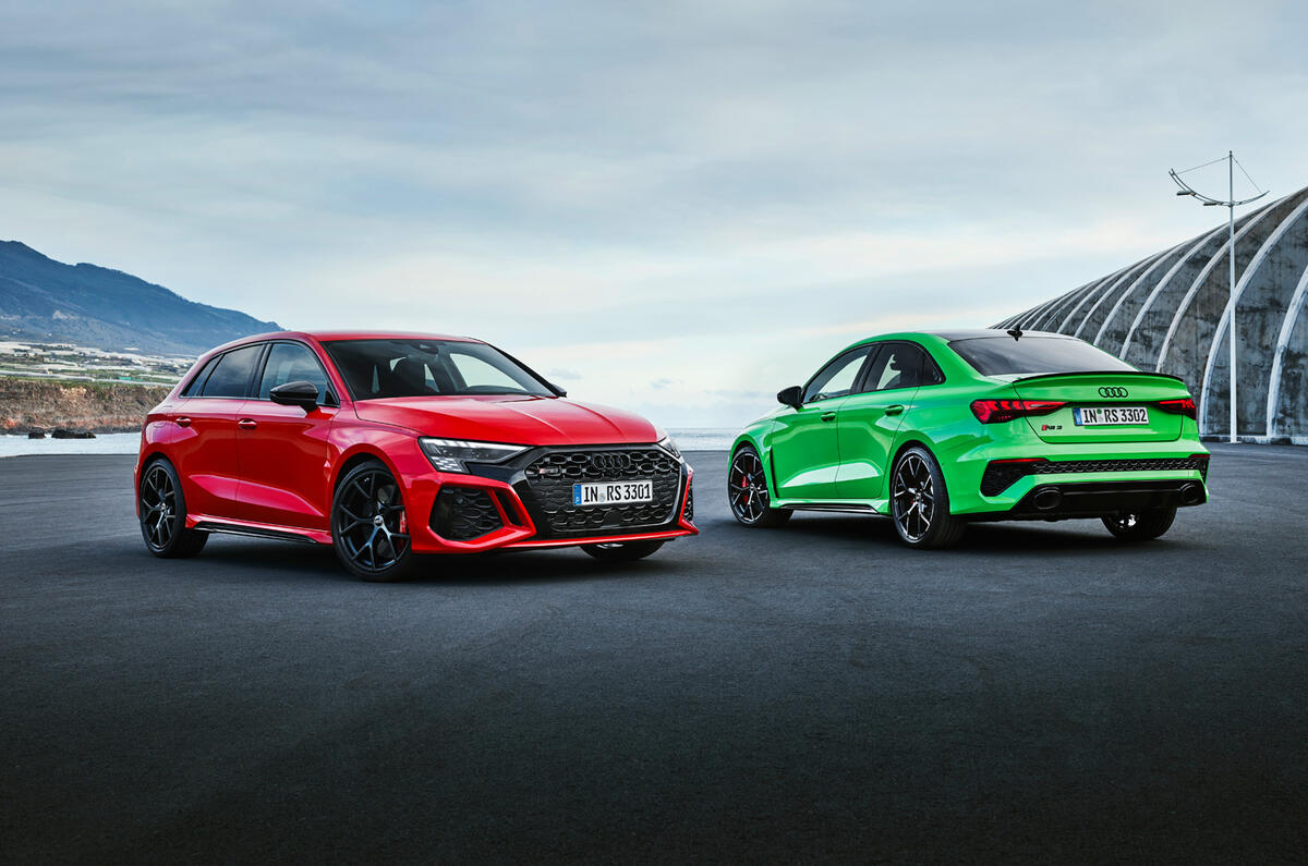 85 Audi RS3 2021 official reveal pair static front 85 Audi RS3 2021 official reveal pair static front