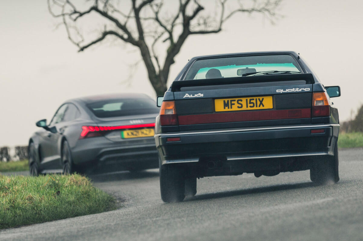 88 Audi quattro meets e tron gt cornering rear 88 Audi quattro meets e tron gt cornering rear