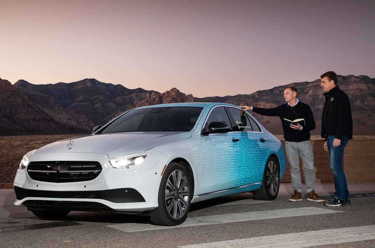 Mercedes-Benz E-Class 2020 prototype ride - Greg Kable pointing Mercedes-Benz E-Class 2020 prototype ride - Greg Kable pointing