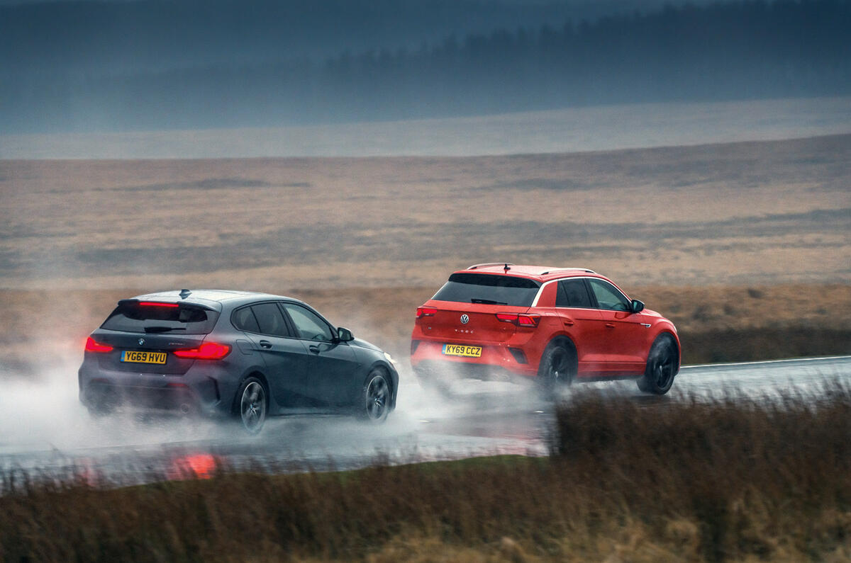 BMW M135i and VW T-Roc R - tracking side BMW M135i and VW T-Roc R - tracking side