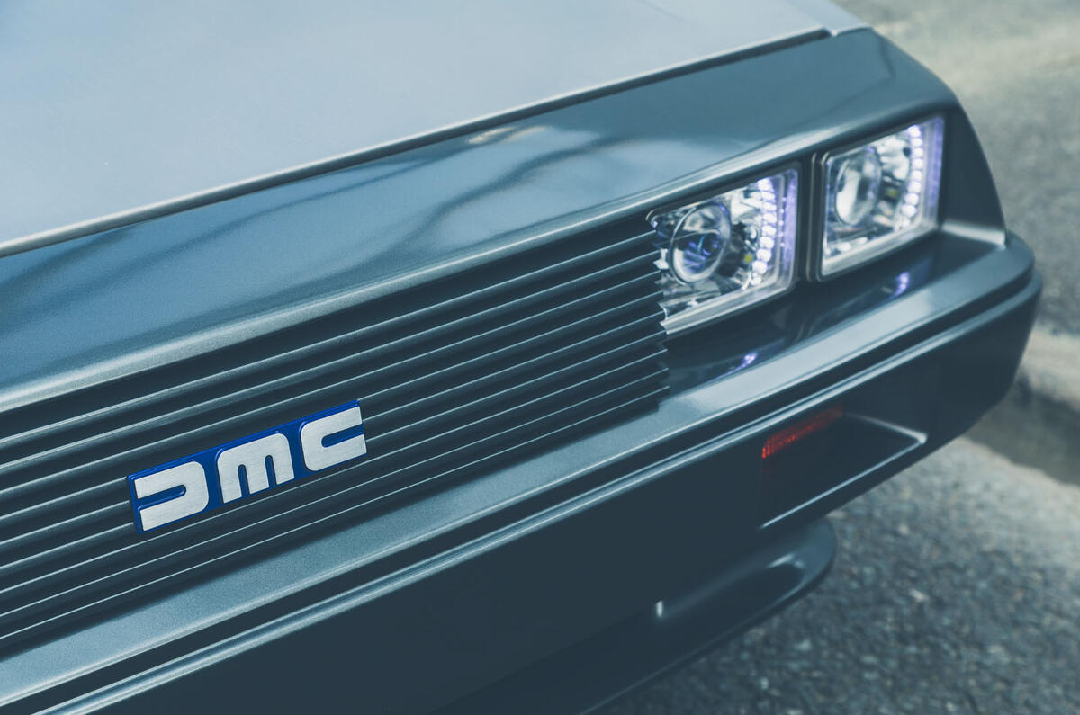 Driving a battery powered DeLorean - nose badge