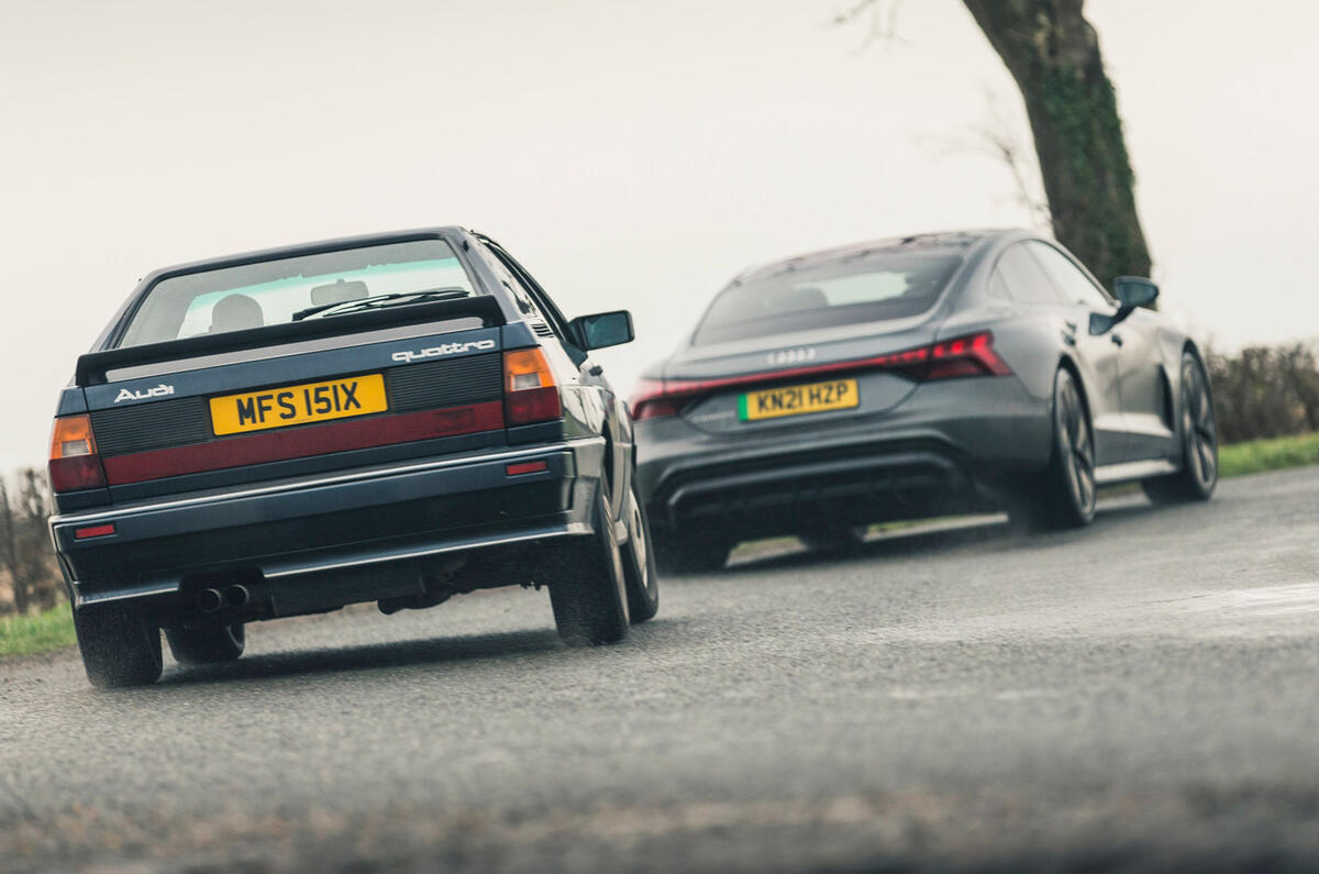 93 Audi quattro meets e tron gt cornering duo rear 93 Audi quattro meets e tron gt cornering duo rear