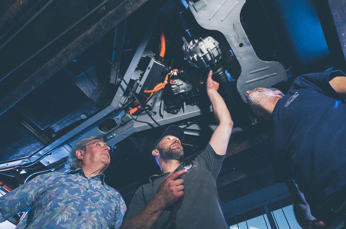 Driving a battery powered DeLorean - undercarriage