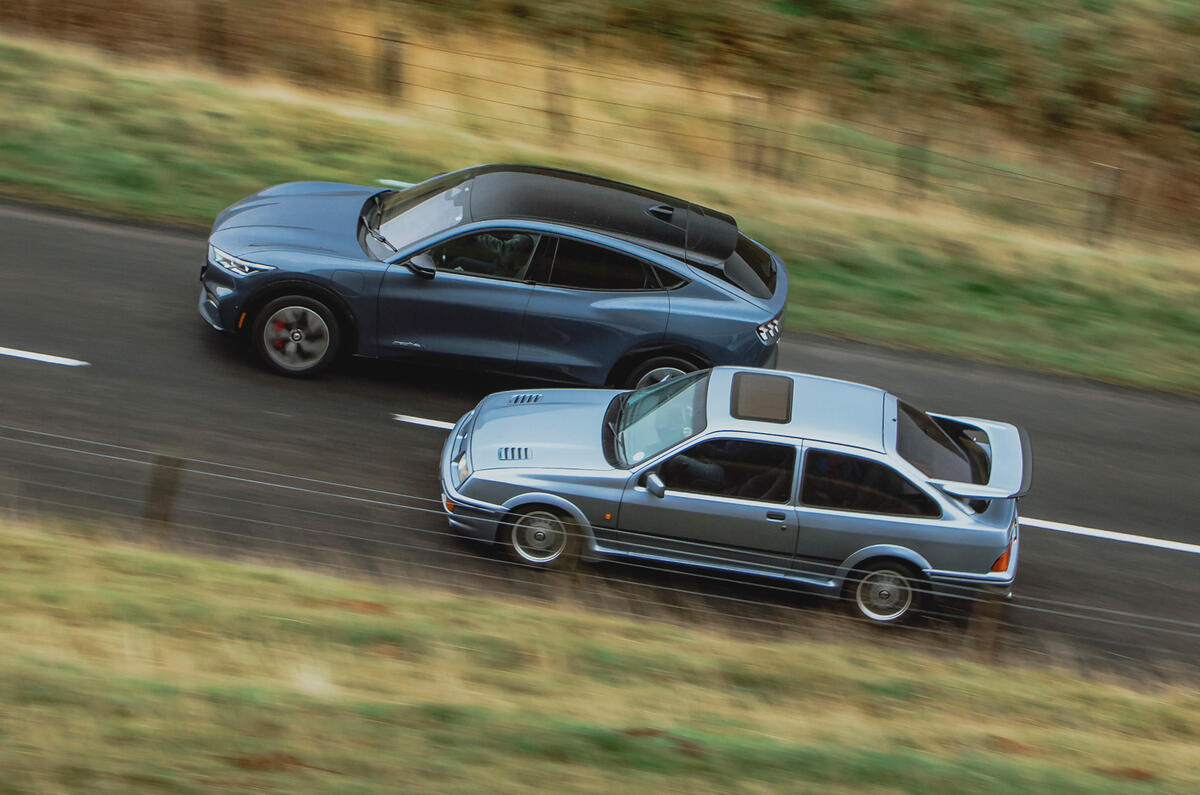 93 Ford Mustang Mach e vs Sierra Cosworth aerial
