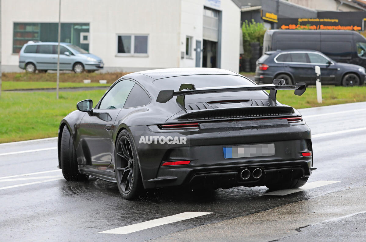 Porsche 911 GT3 prototype at Nurburgring - road side rear Porsche 911 GT3 prototype at Nurburgring - road side rear