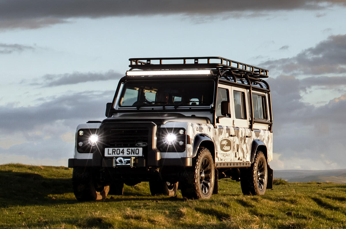 93 Land Rover Classic Defender Works V8 Trophy II blue sky 93 Land Rover Classic Defender Works V8 Trophy II blue sky