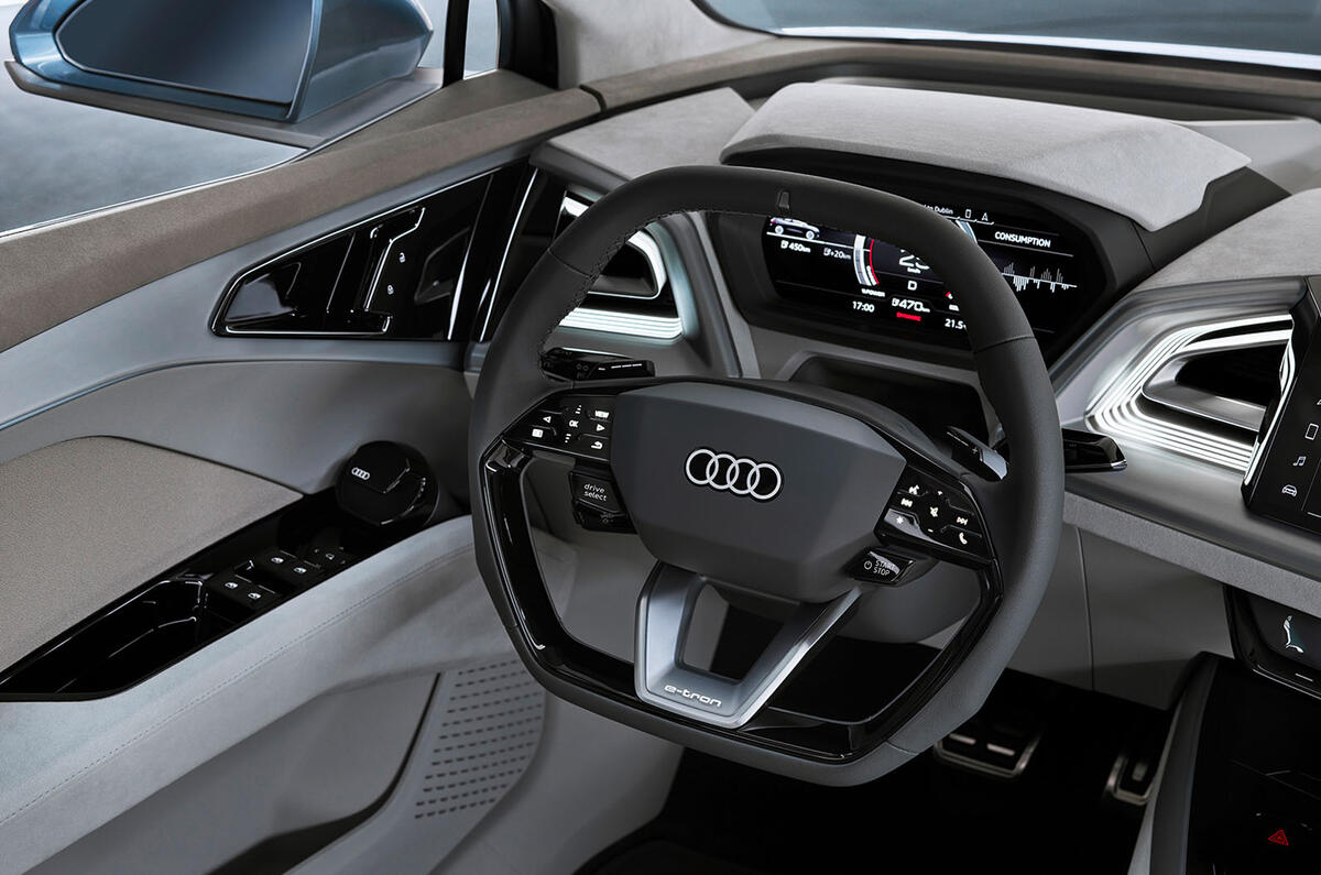 Audi Q4 E-tron electric SUV Geneva 2019 official press images - steering wheel
