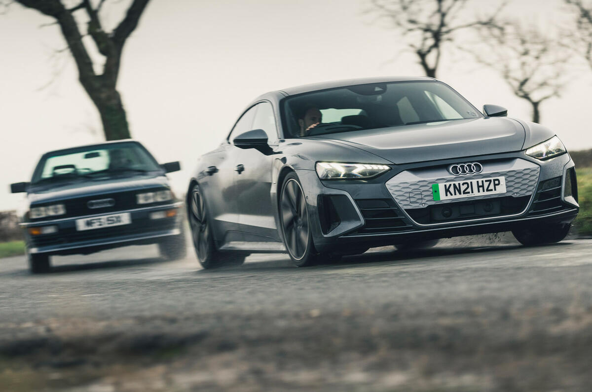 95 Audi quattro meets e tron gt cornering duo front 95 Audi quattro meets e tron gt cornering duo front