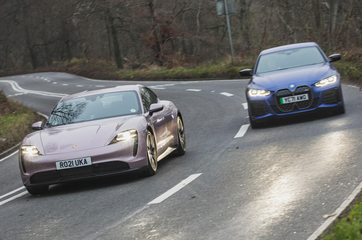 96 BMW i4 vs porsche taycan twin test cornering