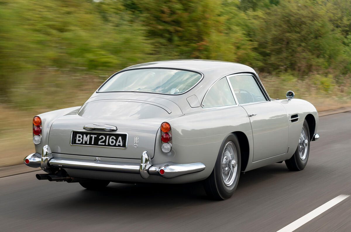 97 Aston Martin DB5 Goldfinger road test 2021 tracking rear 97 Aston Martin DB5 Goldfinger road test 2021 tracking rear