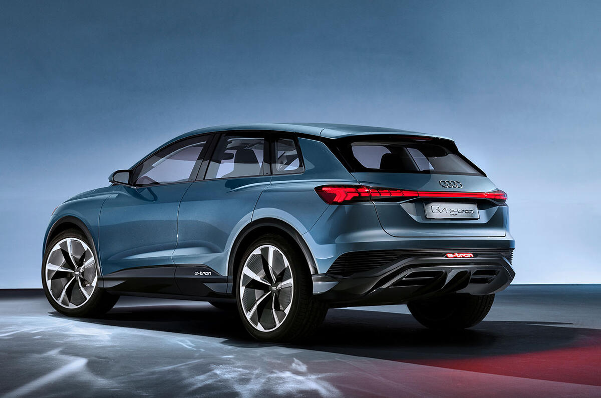 Audi Q4 E-tron electric SUV Geneva 2019 official press images - hero rear