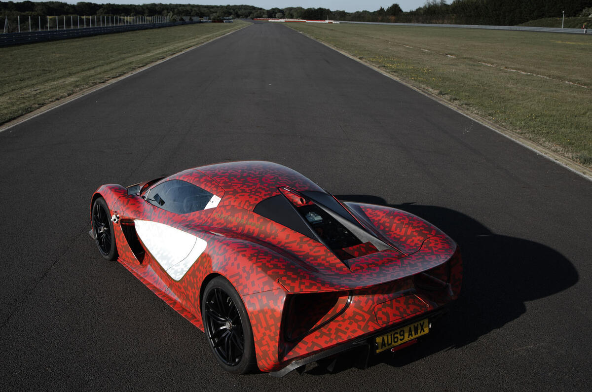 Lotus Evija development car at Hethel - rear static Lotus Evija development car at Hethel - rear static