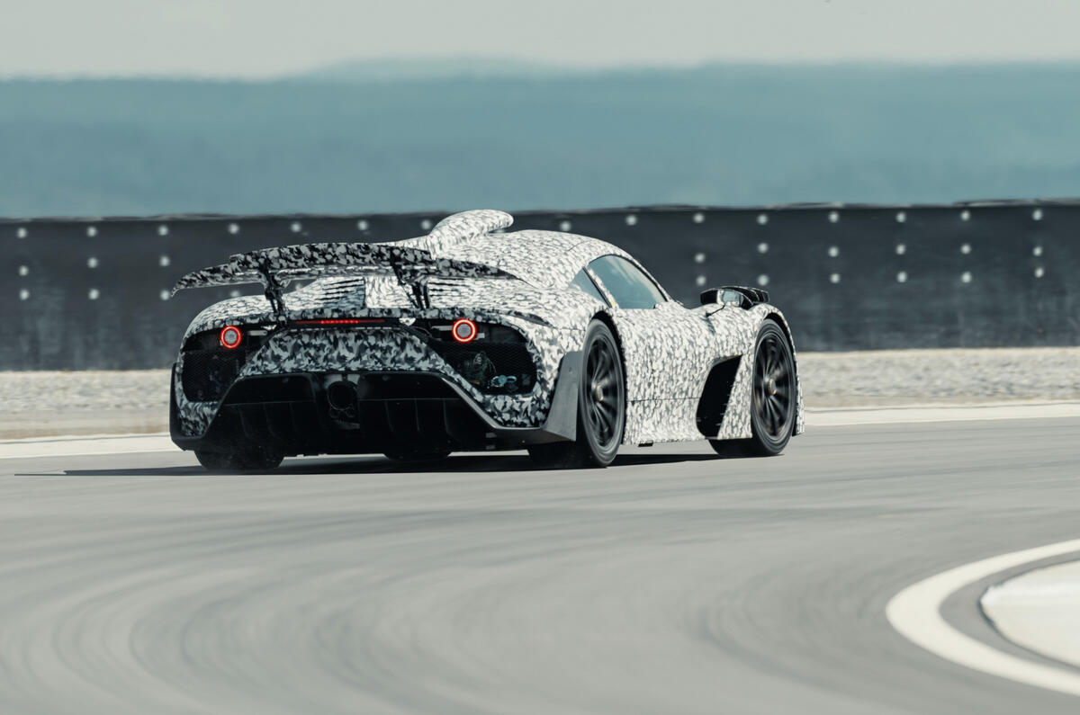 Mercedes-AMG One official camouflaged tracking images - cornering rear Mercedes-AMG One official camouflaged tracking images - cornering rear