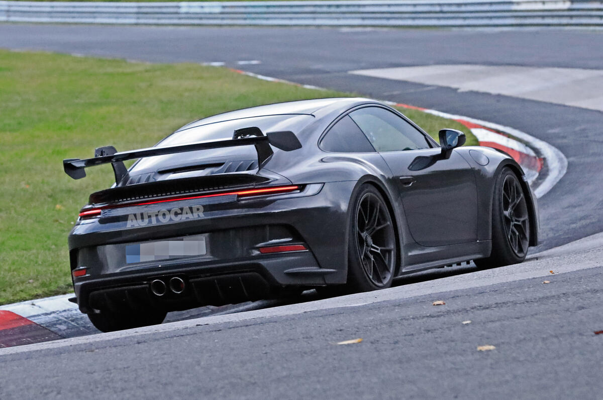 Porsche 911 GT3 prototype at Nurburgring - track side rear Porsche 911 GT3 prototype at Nurburgring - track side rear