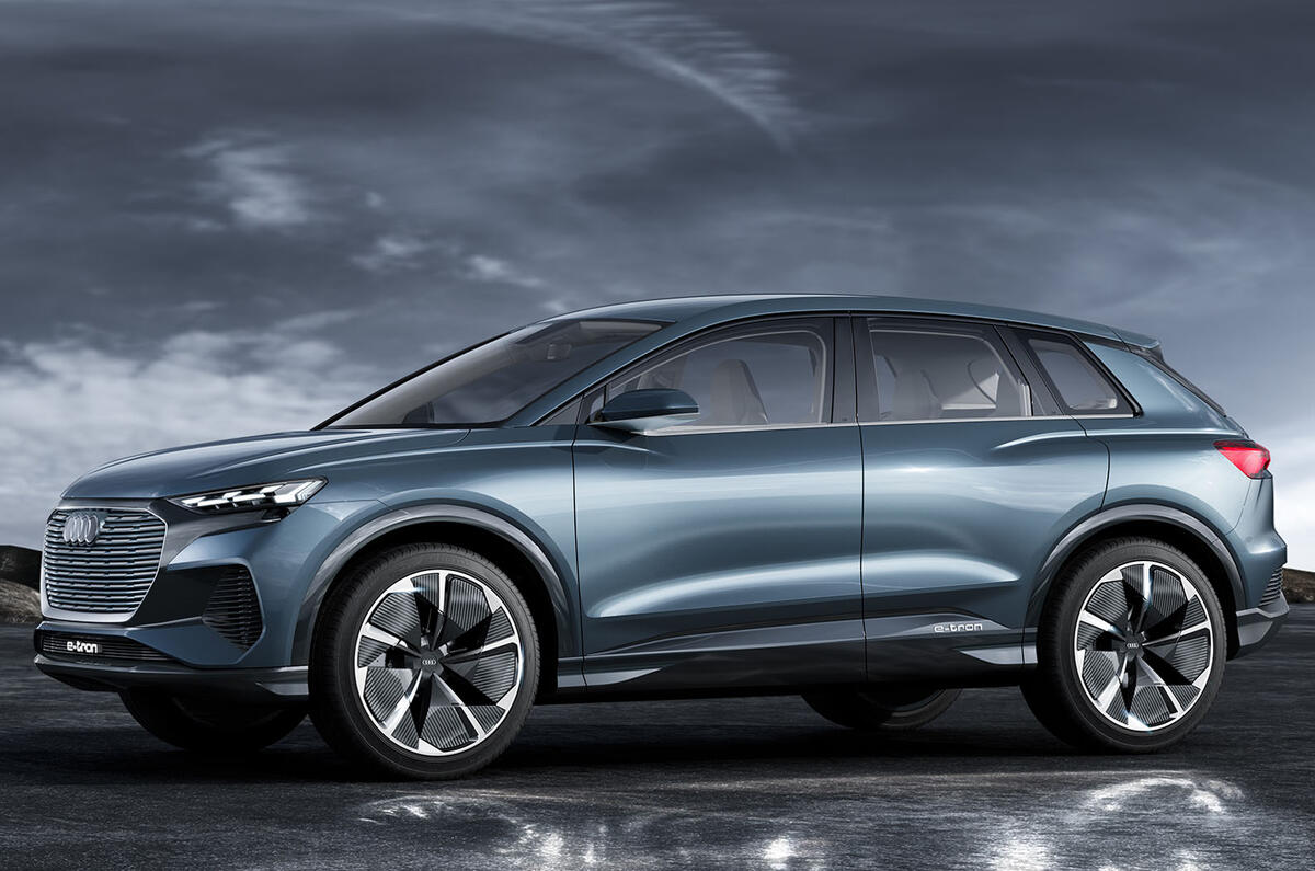 Audi Q4 E-tron electric SUV Geneva 2019 official press images - hero side