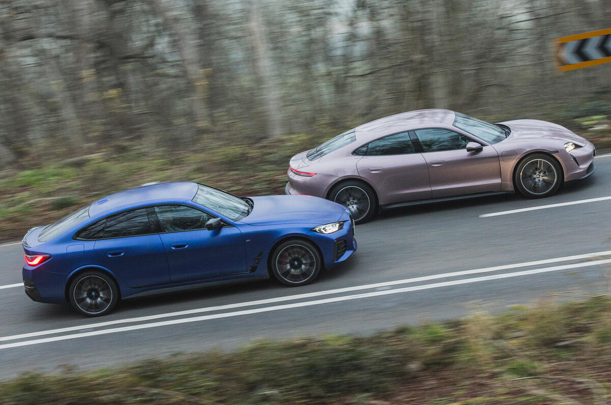 98 BMW i4 vs porsche taycan twin test side pan