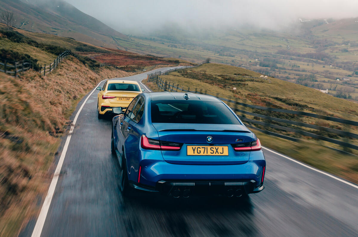 98 BMW M3 vs Audi RS3 saloon 2021 tracking rear