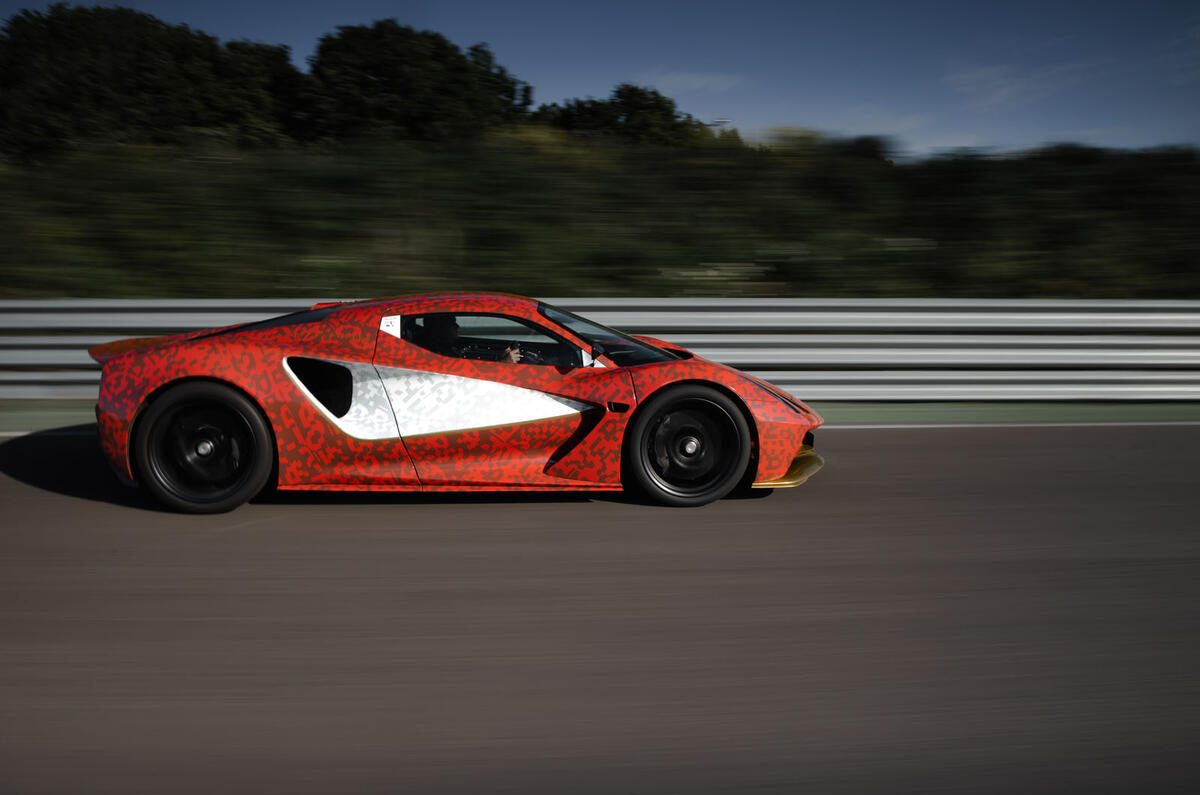 Lotus Evija development car at Hethel - side Lotus Evija development car at Hethel - side