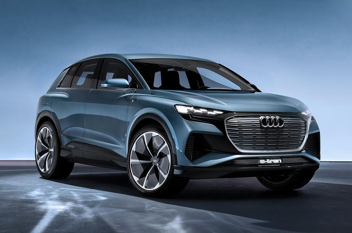 Audi Q4 E-tron electric SUV Geneva 2019 official press images - hero front