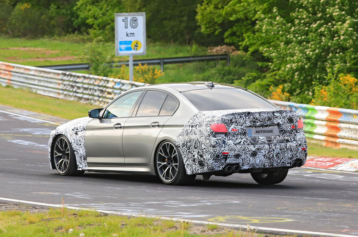 2021 BMW M5 CS prototype at Nurburgring - cornering rear 3/4 2021 BMW M5 CS prototype at Nurburgring - cornering rear 3/4
