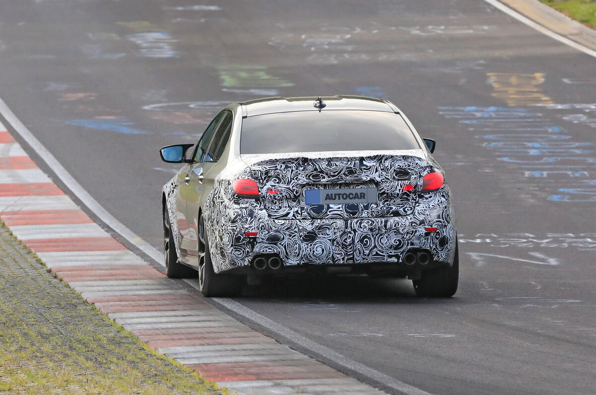 2021 BMW M5 CS prototype at Nurburgring - cornering rear 2021 BMW M5 CS prototype at Nurburgring - cornering rear
