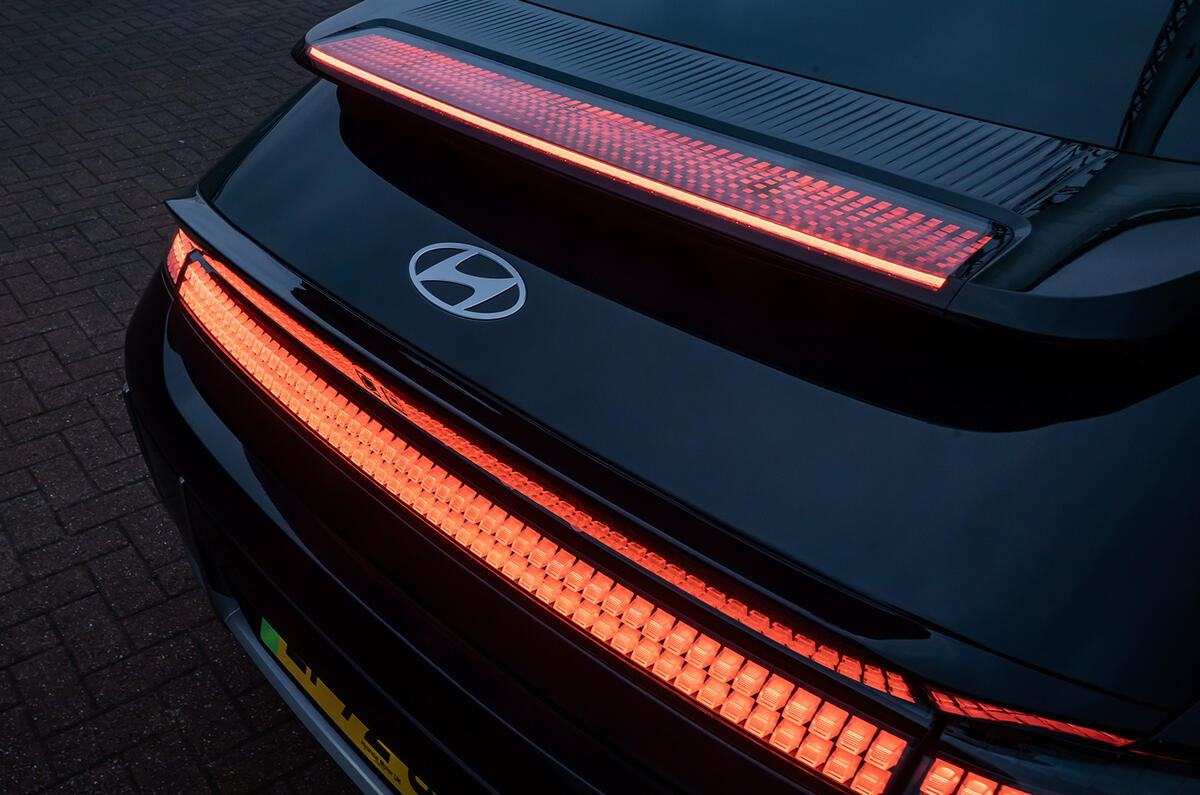 Clever aero features, like the ducktail rear spoiler, give the Hyundai IONIQ 6 an impressively low drag coefficient Clever aero features, like the ducktail rear spoiler, give the Hyundai IONIQ 6 an impressively low drag coefficient