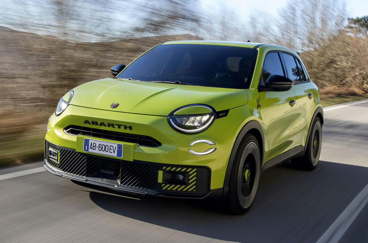 Abarth 600e green front quarter tracking