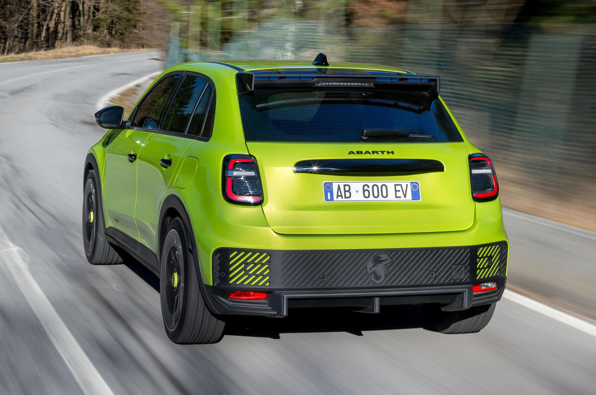 Abarth 600e green rear quarter tracking