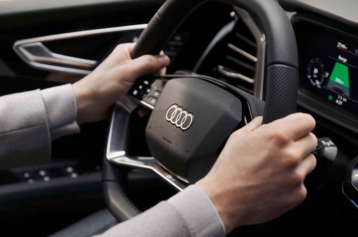 The Audi Q4 e-tron's steering wheel uses advanced touch controls with haptic feedback The Audi Q4 e-tron's steering wheel uses advanced touch controls with haptic feedback