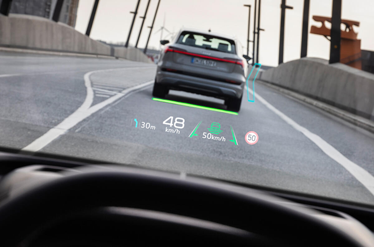 The Audi Q4 e-tron's augmented reality HUD projects data, so it feels like it's floating 10m away The Audi Q4 e-tron's augmented reality HUD projects data, so it feels like it's floating 10m away