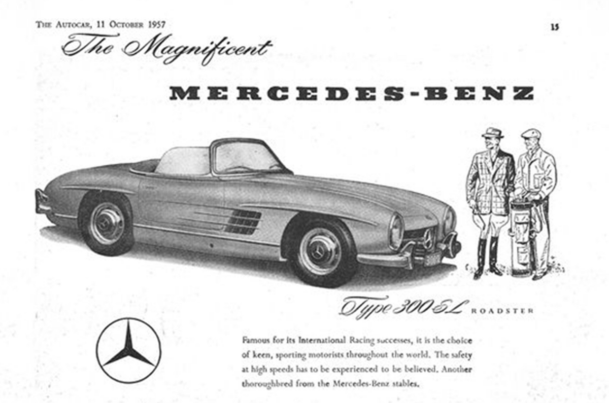 1957 advert in Autocar magazine for Mercedes-Benz 300 SL Roadster