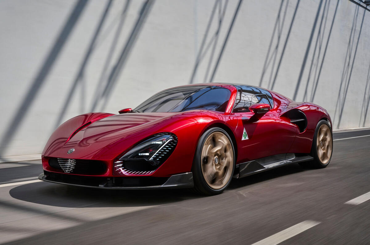 Alfa Romeo 33 Stradale 2023 front quarter driving Alfa Romeo 33 Stradale 2023 front quarter driving