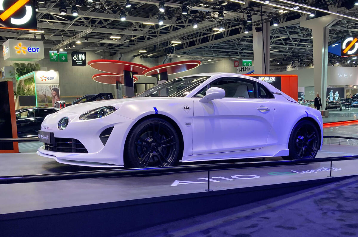 Alpine A110 E Ternite 2022 front quarter static Paris motor show Alpine A110 E Ternite 2022 front quarter static Paris motor show