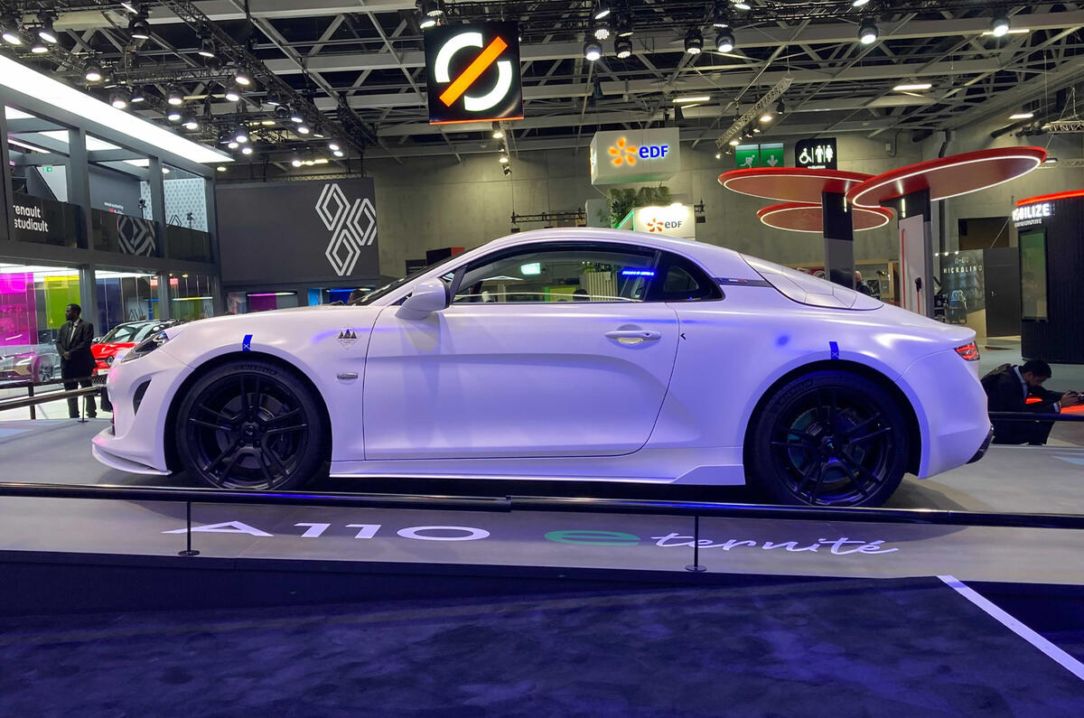 Alpine A110 E Ternite 2022 side static Paris motor show Alpine A110 E Ternite 2022 side static Paris motor show