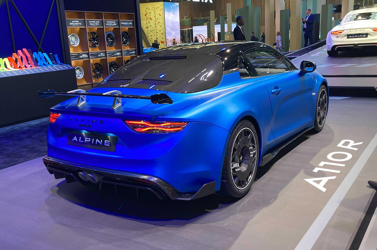 Alpine A110 R 2022 rear quarter static Paris motor show Alpine A110 R 2022 rear quarter static Paris motor show