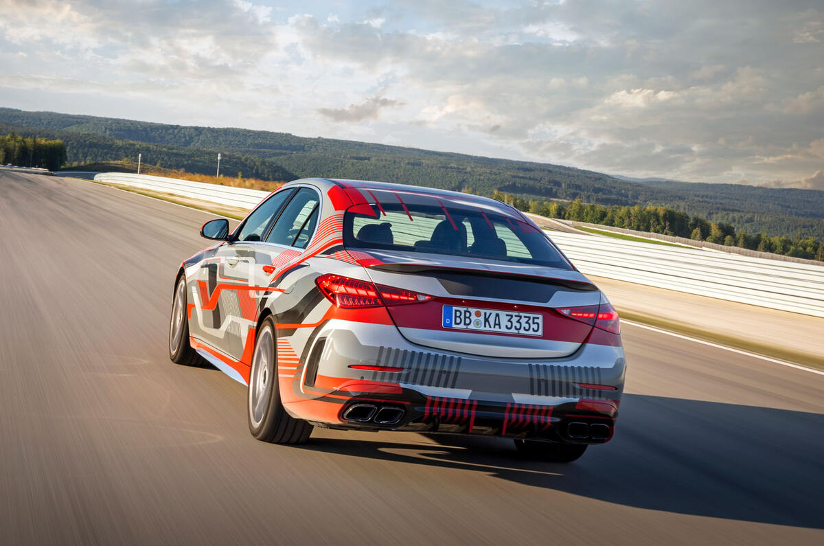 AMG C63 E proto rear three quarters AMG C63 E proto rear three quarters