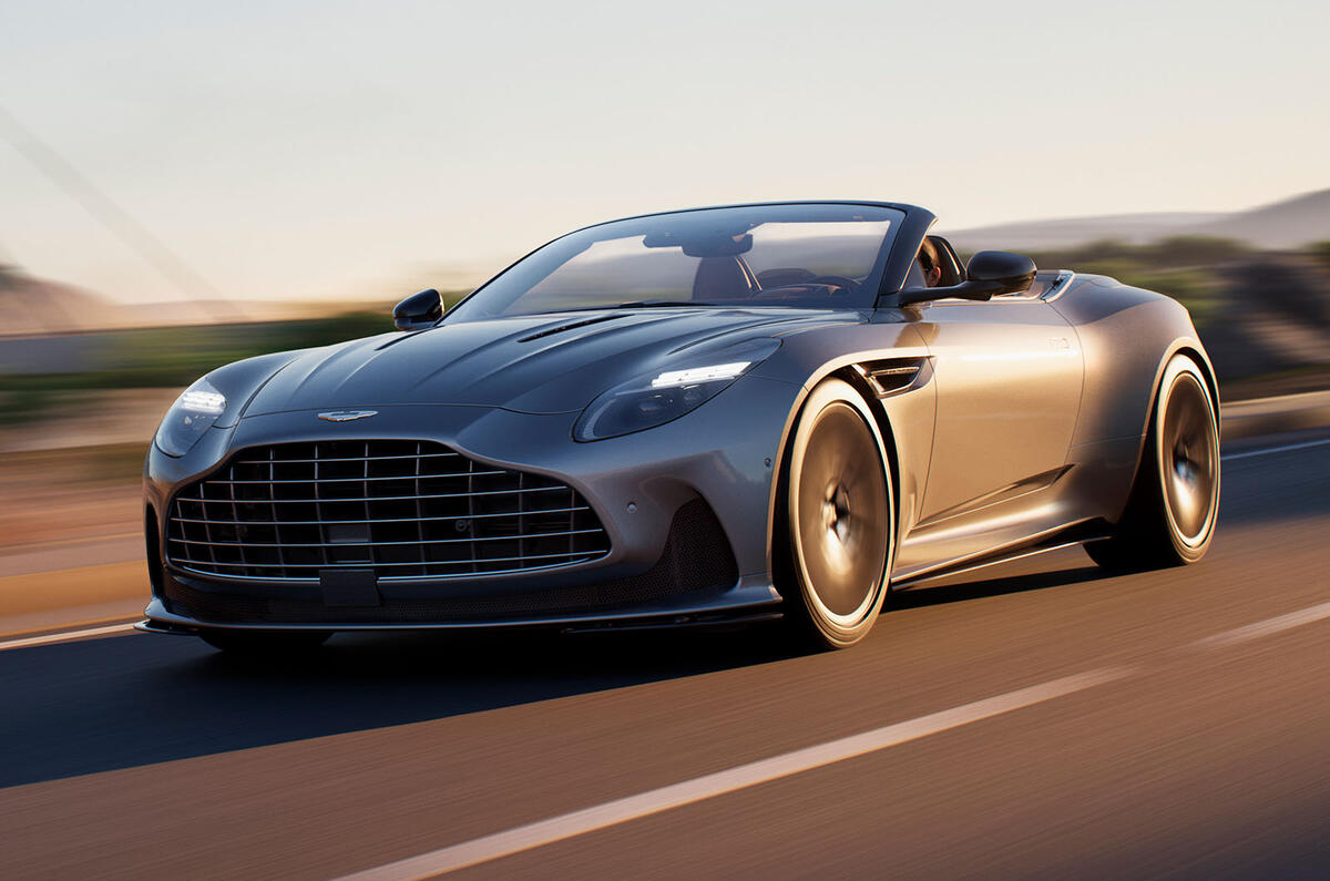 Aston Martin DB12 Volante front three quarter tracking