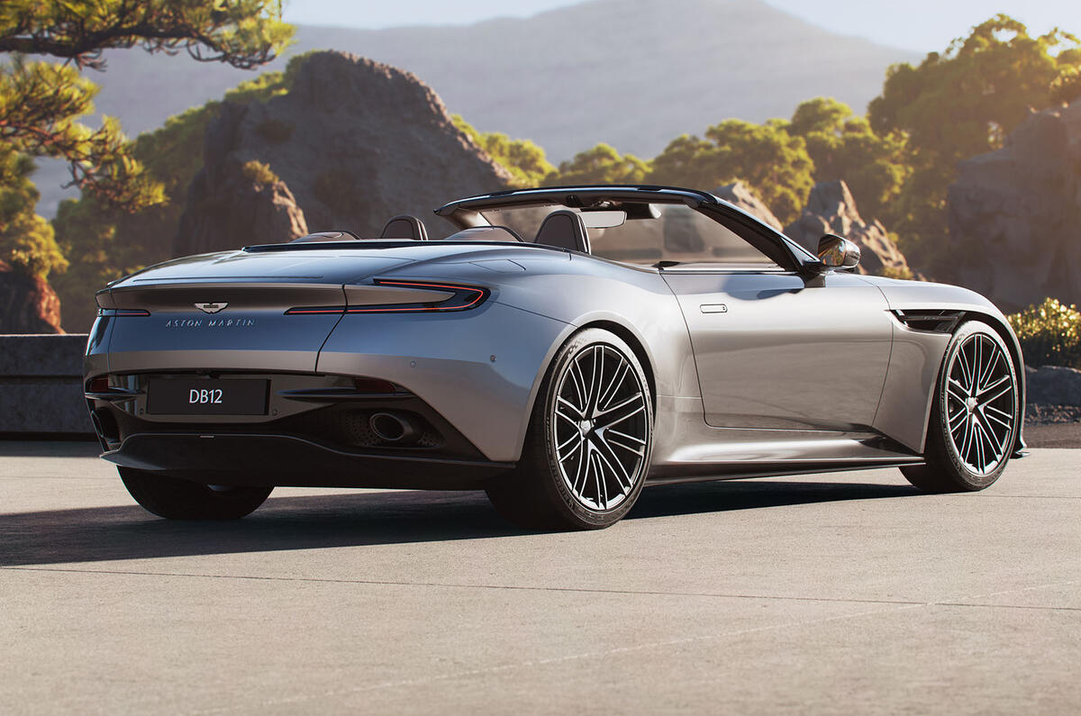 Aston Martin DB12 Volante rear three quarter static Aston Martin DB12 Volante rear three quarter static