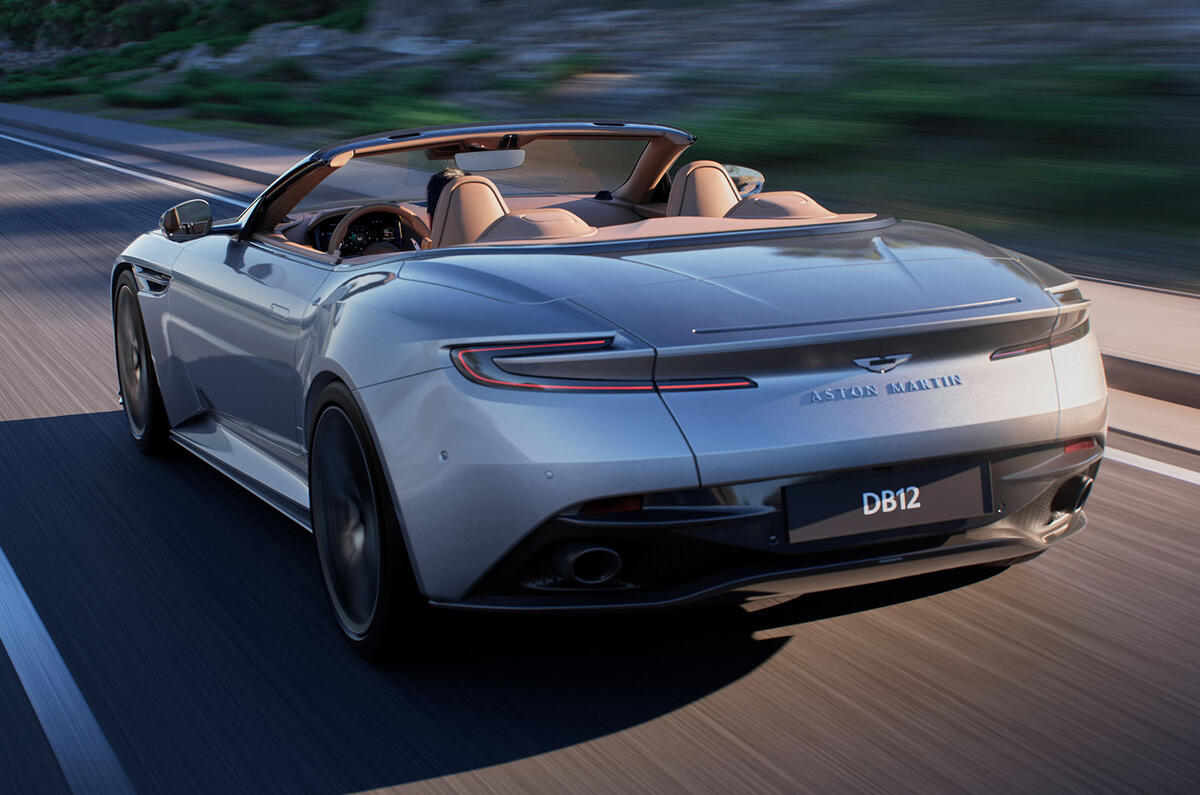 Aston Martin DB12 Volante rear three quarter tracking Aston Martin DB12 Volante rear three quarter tracking