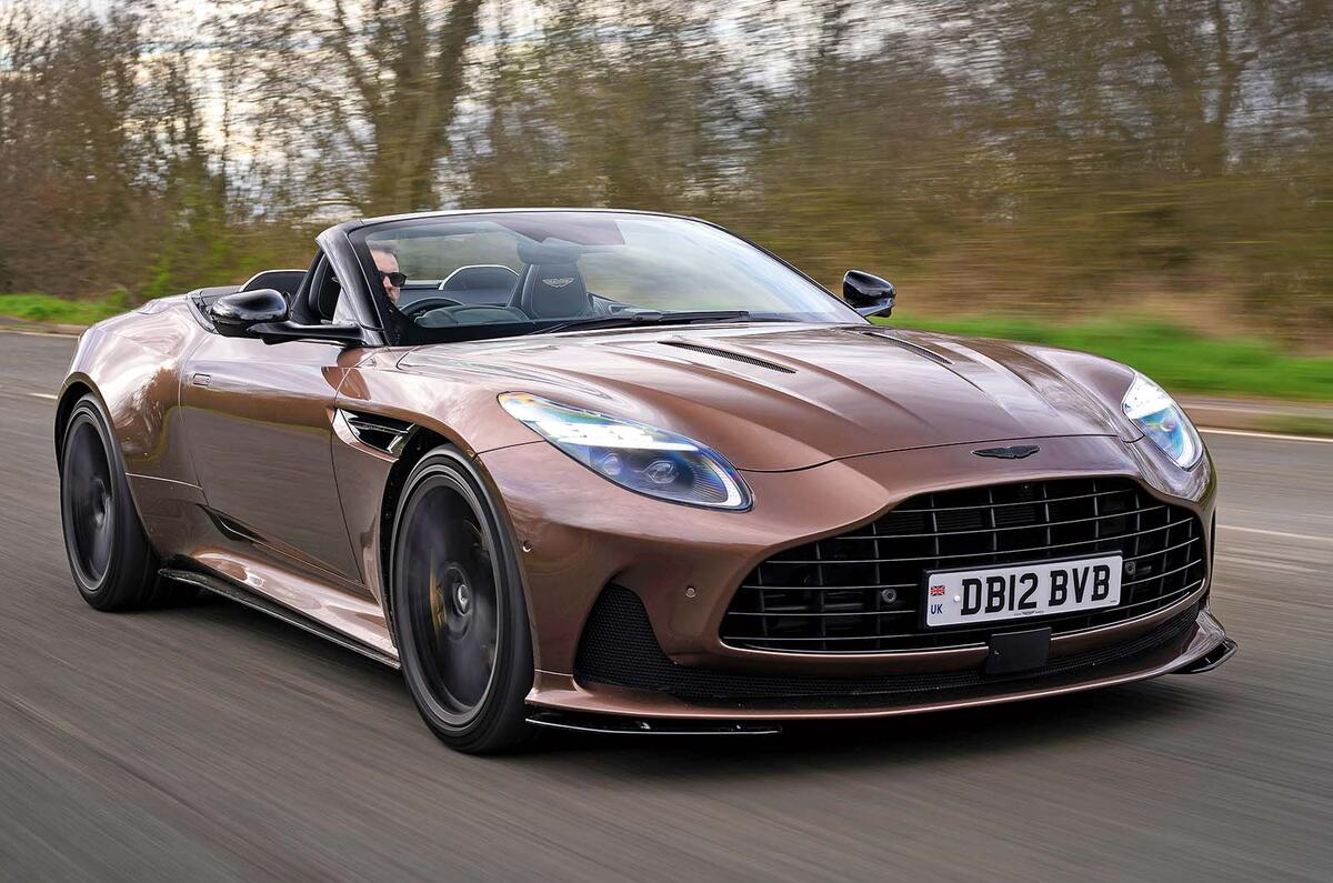 Aston Martin DB12 Volante front three quarter tracking