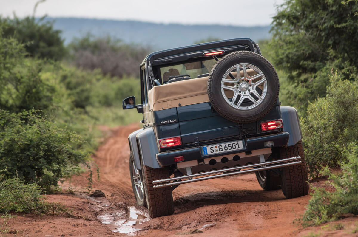 Mercedes-Maybach G650 Landaulet rear view on muddy track
