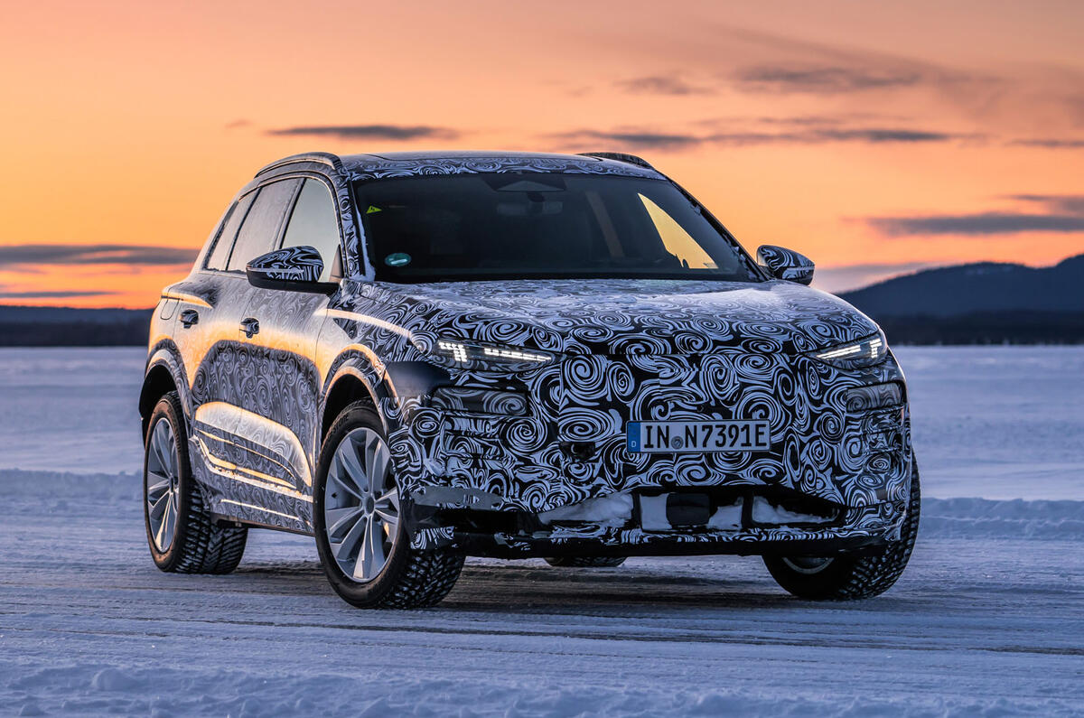 Audi Q6 E Tron 2023 camouflage front quarter static Audi Q6 E Tron 2023 camouflage front quarter static