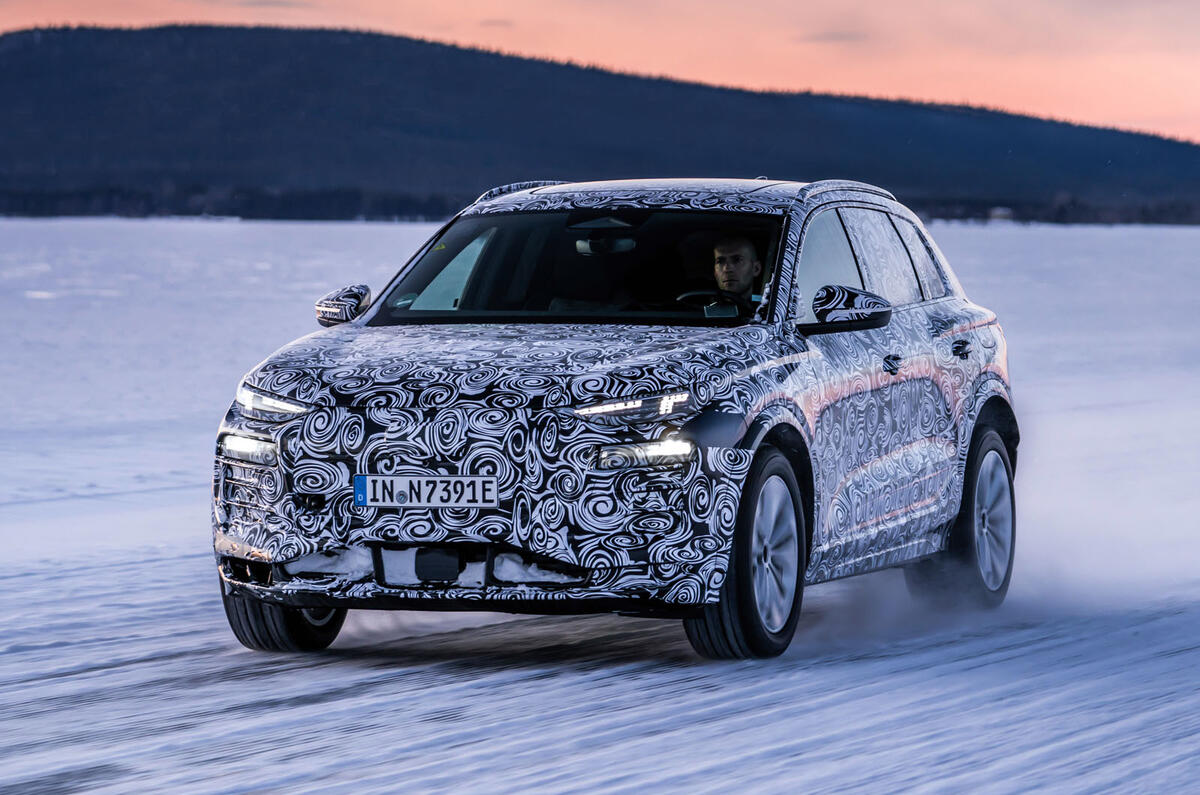 Audi Q6 E Tron 2023 camouflage front quarter tracking Audi Q6 E Tron 2023 camouflage front quarter tracking