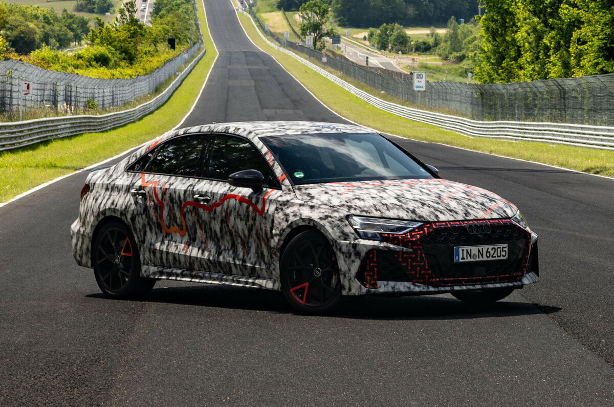 Audi RS3 facelift camo front quarter static Audi RS3 facelift camo front quarter static