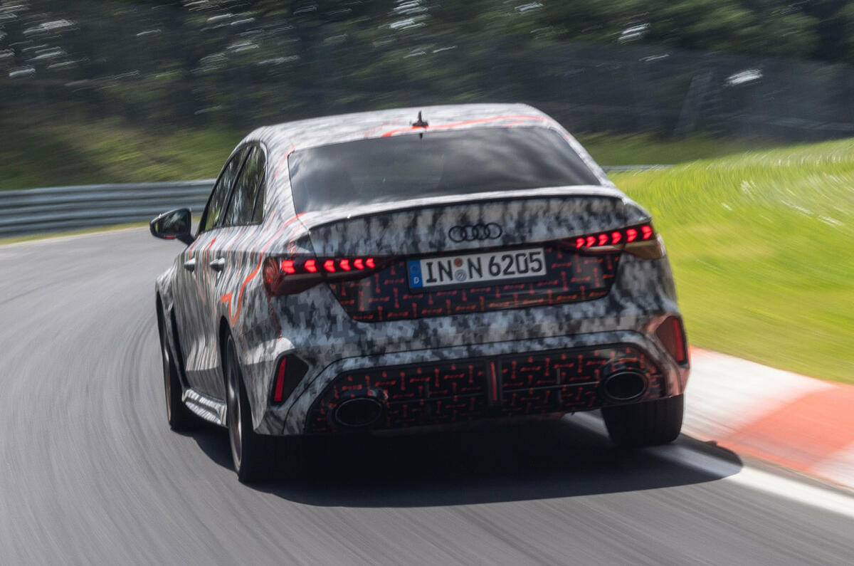 Audi RS3 facelift camo rear quarter tracking Audi RS3 facelift camo rear quarter tracking