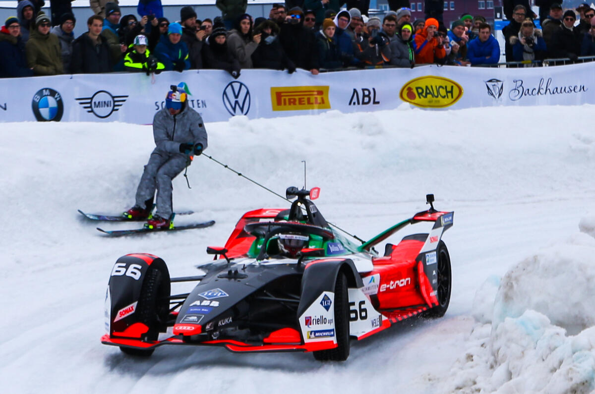 In 2020, Audi gave 'skijoring' some added spark at the GP Ice Race with its all-electric Formula E race car
