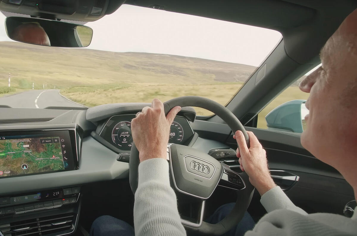 Inside the Audi e-tron GT you feel truly planted. It’s grippy and precise, balanced and supple Inside the Audi e-tron GT you feel truly planted. It’s grippy and precise, balanced and supple